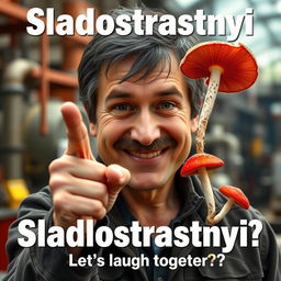 A lively comedy movie poster featuring a close-up of a smiling 50-year-old man with dark hair and sparse gray hair, highlighting his charming, approachable nature