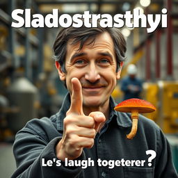 A lively comedy movie poster featuring a close-up of a smiling 50-year-old man with dark hair and sparse gray hair, highlighting his charming, approachable nature