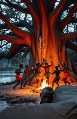 A captivating scene under a majestic, large baobab tree, with roots extending into the water near the edge of a river, creating the illusion of an island