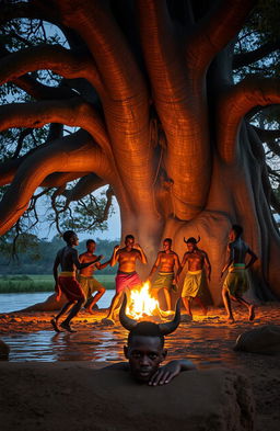 A captivating scene under a majestic, large baobab tree, with roots extending into the water near the edge of a river, creating the illusion of an island