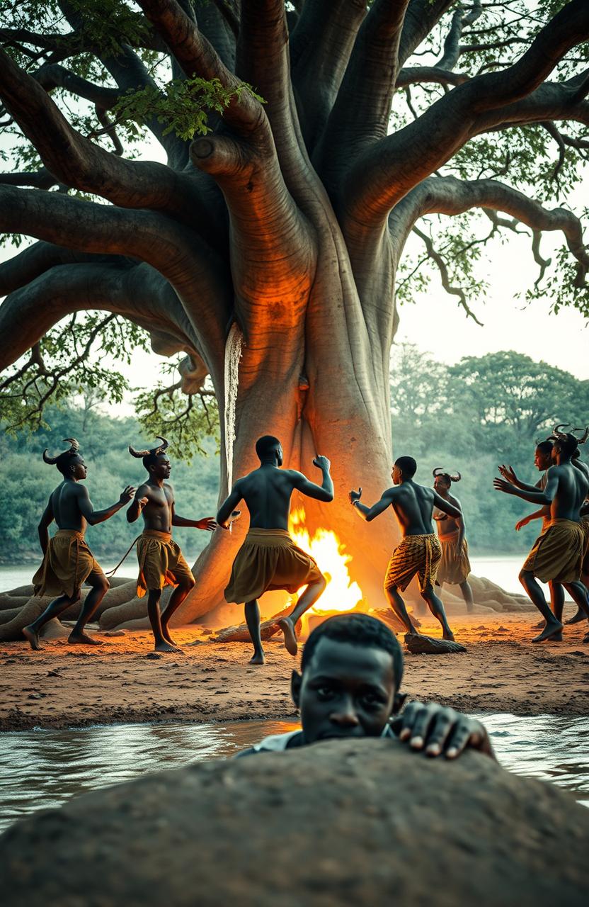 A captivating scene under a majestic, large baobab tree, with roots extending into the water near the edge of a river, creating the illusion of an island