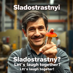 A cheerful comedy movie poster featuring a close-up of a smiling 50-year-old man of Slavic appearance