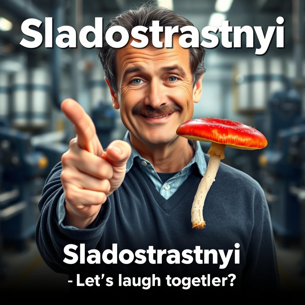 A cheerful comedy movie poster featuring a close-up of a smiling 50-year-old man of Slavic appearance