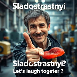 A cheerful comedy movie poster featuring a close-up of a smiling 50-year-old man of Slavic appearance