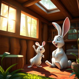 In a cozy forest cabin during the morning, a small white rabbit is energetically shouting at a larger white rabbit
