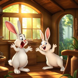 In a cozy forest cabin during the morning, a small white rabbit is energetically shouting at a larger white rabbit