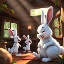 In a cozy forest cabin during the morning, a small white rabbit is energetically shouting at a larger white rabbit