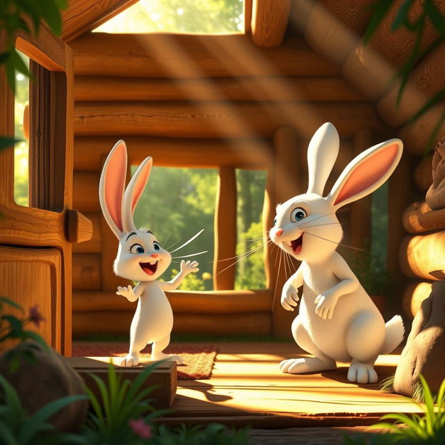 In a cozy forest cabin during the morning, a small white rabbit is energetically shouting at a larger white rabbit