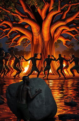 Under a big baobab tree at night, with the tree partially submerged in water near the edge of a river, creating an island effect
