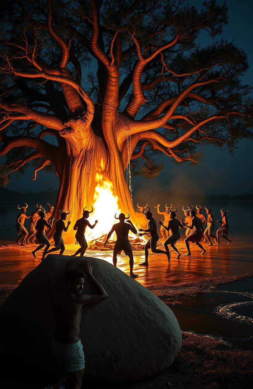 Under a big baobab tree at night, with the tree partially submerged in water near the edge of a river, creating an island effect