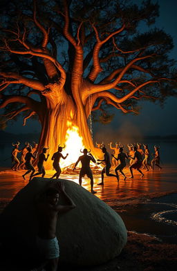 Under a big baobab tree at night, with the tree partially submerged in water near the edge of a river, creating an island effect