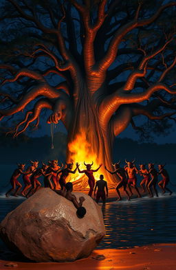 Under a big baobab tree at night, with the tree partially submerged in water near the edge of a river, creating an island effect