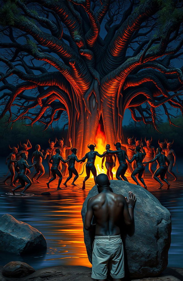 Under a big baobab tree at night, with the tree partially submerged in water near the edge of a river, creating an island effect