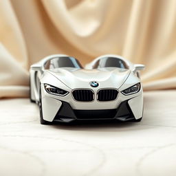 A pair of luxurious white slippers designed to resemble a BMW car, showcasing sleek lines and aerodynamic curves