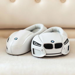 A pair of luxurious white slippers designed to resemble a BMW car, showcasing sleek lines and aerodynamic curves