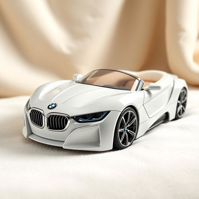 A pair of luxurious white slippers designed to resemble a BMW car, showcasing sleek lines and aerodynamic curves