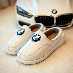 A pair of luxurious white slippers designed to resemble a BMW car, showcasing sleek lines and aerodynamic curves