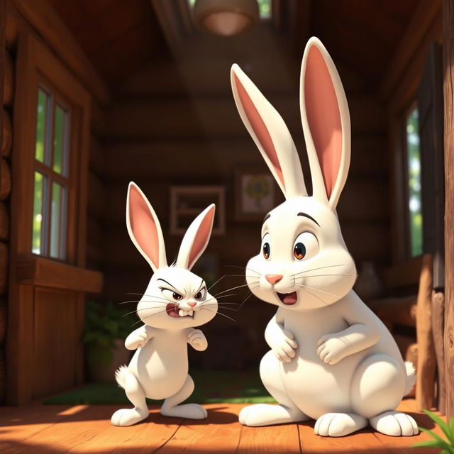 In a charming forest cabin during the morning, a small white rabbit is fiercely scolding a larger white rabbit