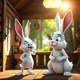 In a charming forest cabin during the morning, a small white rabbit is fiercely scolding a larger white rabbit