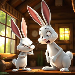 In a charming forest cabin during the morning, a small white rabbit is fiercely scolding a larger white rabbit