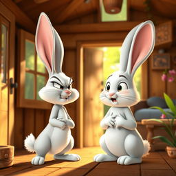 In a charming forest cabin during the morning, a small white rabbit is fiercely scolding a larger white rabbit