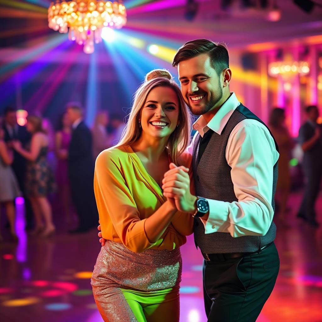 A joyful dance couple captured amidst a vibrant dance floor