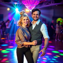 A joyful dance couple captured amidst a vibrant dance floor