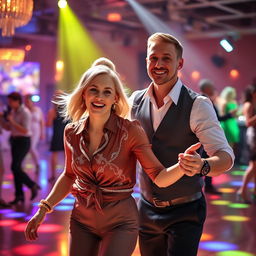 A joyful dance couple captured amidst a vibrant dance floor
