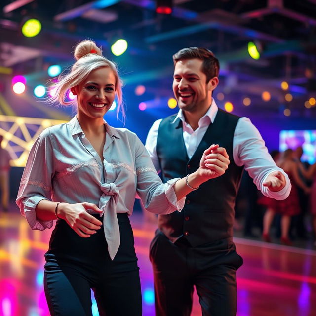 A joyful dance couple captured amidst a vibrant dance floor