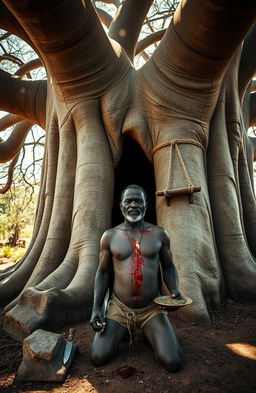 Under a large, majestic baobab tree with long, uncovered running roots and a door-like entrance, an African old seer stands ominously