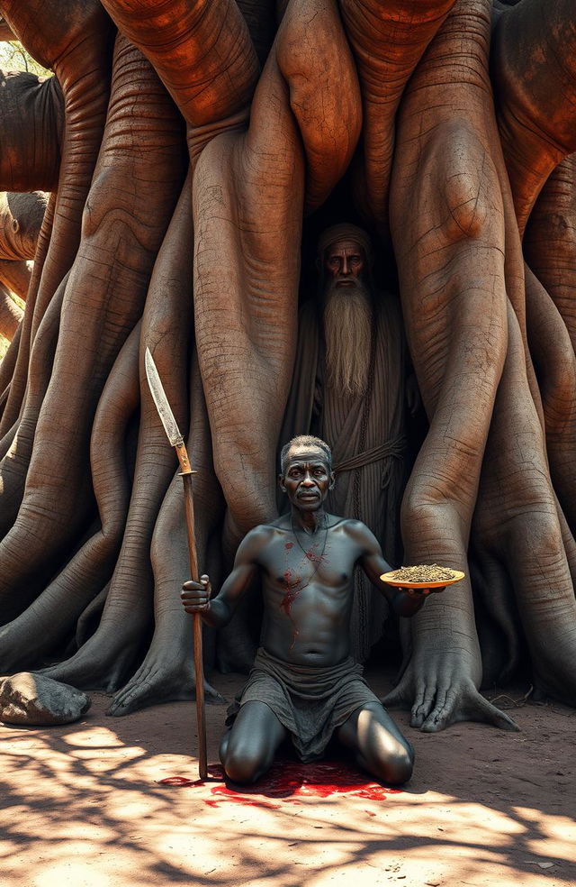 Under a large, majestic baobab tree with long, uncovered running roots and a door-like entrance, an African old seer stands ominously