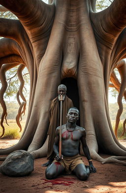 Under a large, majestic baobab tree with long, uncovered running roots and a door-like entrance, an African old seer stands ominously