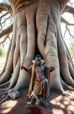 Under a large, majestic baobab tree with long, uncovered running roots and a door-like entrance, an African old seer stands ominously