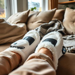 A cozy indoor scene featuring a person's feet resting comfortably on a sofa in their home