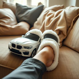 A cozy indoor scene featuring a person's feet resting comfortably on a sofa in their home