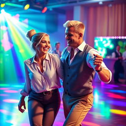 A joyful dance couple captured in a dynamic moment on a colorful dance floor