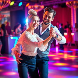 A joyful dance couple captured in a dynamic moment on a colorful dance floor