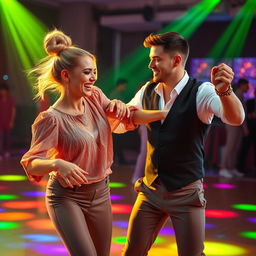 A joyful dance couple captured in a dynamic moment on a colorful dance floor