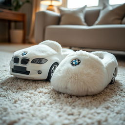 A close-up image of soft, plush slippers designed to resemble a white BMW, creatively adapted to feature textures and materials typical of cozy footwear