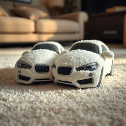 A close-up image of soft, plush slippers designed to resemble a white BMW, creatively adapted to feature textures and materials typical of cozy footwear