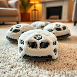A close-up image of soft, plush slippers designed to resemble a white BMW, creatively adapted to feature textures and materials typical of cozy footwear