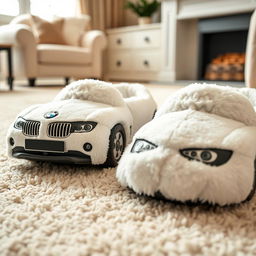 A close-up image of soft, plush slippers designed to resemble a white BMW, creatively adapted to feature textures and materials typical of cozy footwear