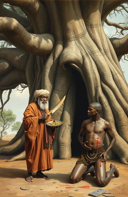 Under a grand baobab tree with long, exposed roots and a mystical door-like entrance, an African old seer stands on the left of the canvas