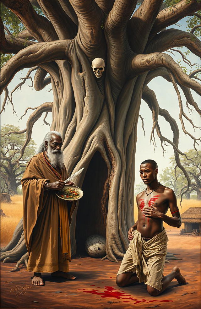 Under a grand baobab tree with long, exposed roots and a mystical door-like entrance, an African old seer stands on the left of the canvas