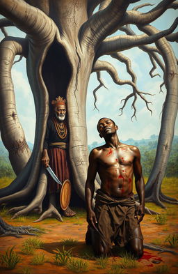 Under a grand baobab tree with long, exposed roots and a mystical door-like entrance, an African old seer stands on the left of the canvas