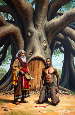 Under a grand baobab tree with long, exposed roots and a mystical door-like entrance, an African old seer stands on the left of the canvas