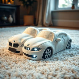 A beautifully designed pair of soft, plush slippers that mimic the appearance of a white BMW, incorporating textures and materials typical of cozy slippers