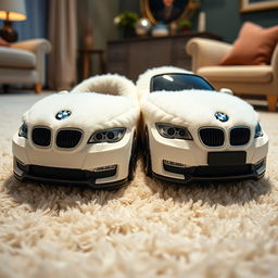 A beautifully designed pair of soft, plush slippers that mimic the appearance of a white BMW, incorporating textures and materials typical of cozy slippers