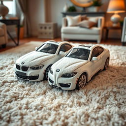 A beautifully designed pair of soft, plush slippers that mimic the appearance of a white BMW, incorporating textures and materials typical of cozy slippers