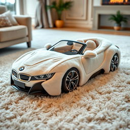 A visually striking image of a pair of soft, plush slippers designed to resemble a white BMW, seamlessly blending the luxurious car's aesthetics with cozy slipper textures and materials